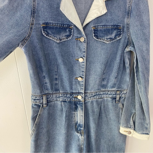 Polagram Denim Jumsuit Light Wash V-neck Collared Corduroy Sz L Straight Leg - Picture 15 of 16